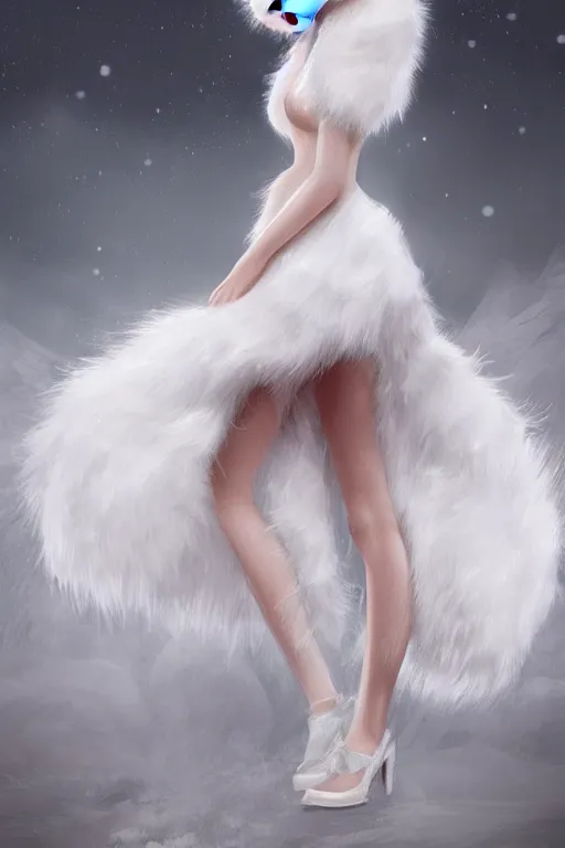 Image similar to beautiful aesthetic full body digital illustration of a young woman wearing a furry white dress, furry white cat ears and tail, by wlop and Julia Razumova, realistic, photorealistic, hyperrealistic, unreal engine, octane, deviantArt, trending on artstation, artstation HQ