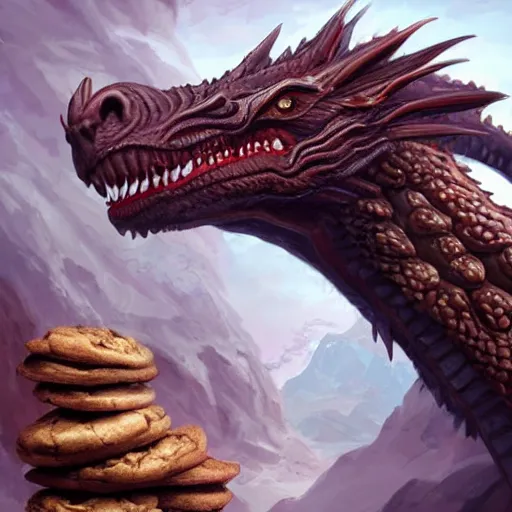 Prompt: a dragon made of chocolate, guarding of a mountain of cookies highly detailed, digital painting, artstation, concept art, smooth, sharp focus, illustration, art by artgerm