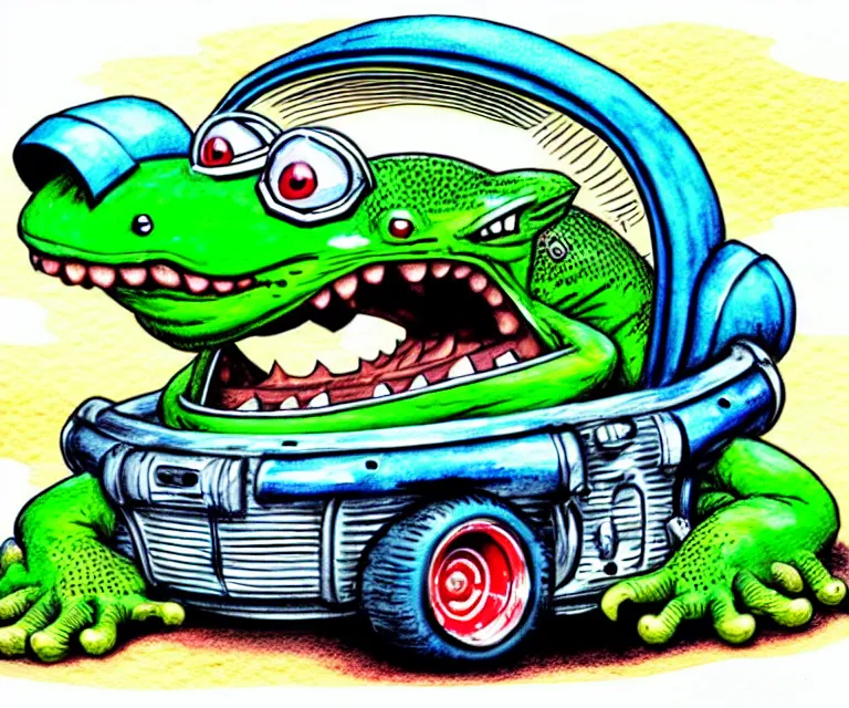 Prompt: cute and funny, lizard, wearing a helmet, driving a hotrod, oversized enginee, ratfink style by ed roth, centered award winning watercolor pen illustration, isometric illustration by chihiro iwasaki, the artwork of r. crumb and his cheap suit, cult - classic - comic,