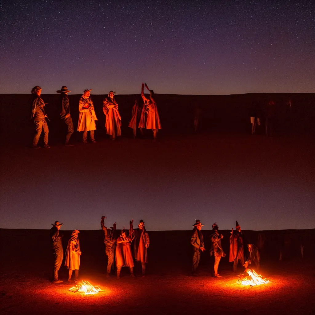 Image similar to atmospheric long exposure night photograph of three ravers, two men, one woman, woman is in a trenchcoat, blessing the soil at night, people facing fire circle, two aboriginal elders, dancefloor kismet, diverse costumes, clean composition, starlight bokeh, desert transition area, bonfire, atmospheric night, australian desert, symmetry, sony a 7 r