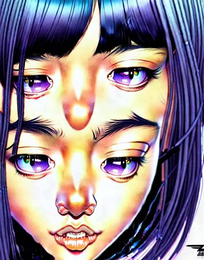 Image similar to extremely detailed color ink pen  illustration depicting an extreme close up face of a dainty young truant female stoner prep highschool school student with medium length silky straight iridescent black hair and lightly suntanned skin, illustrated by Artgerm and Range Murata.