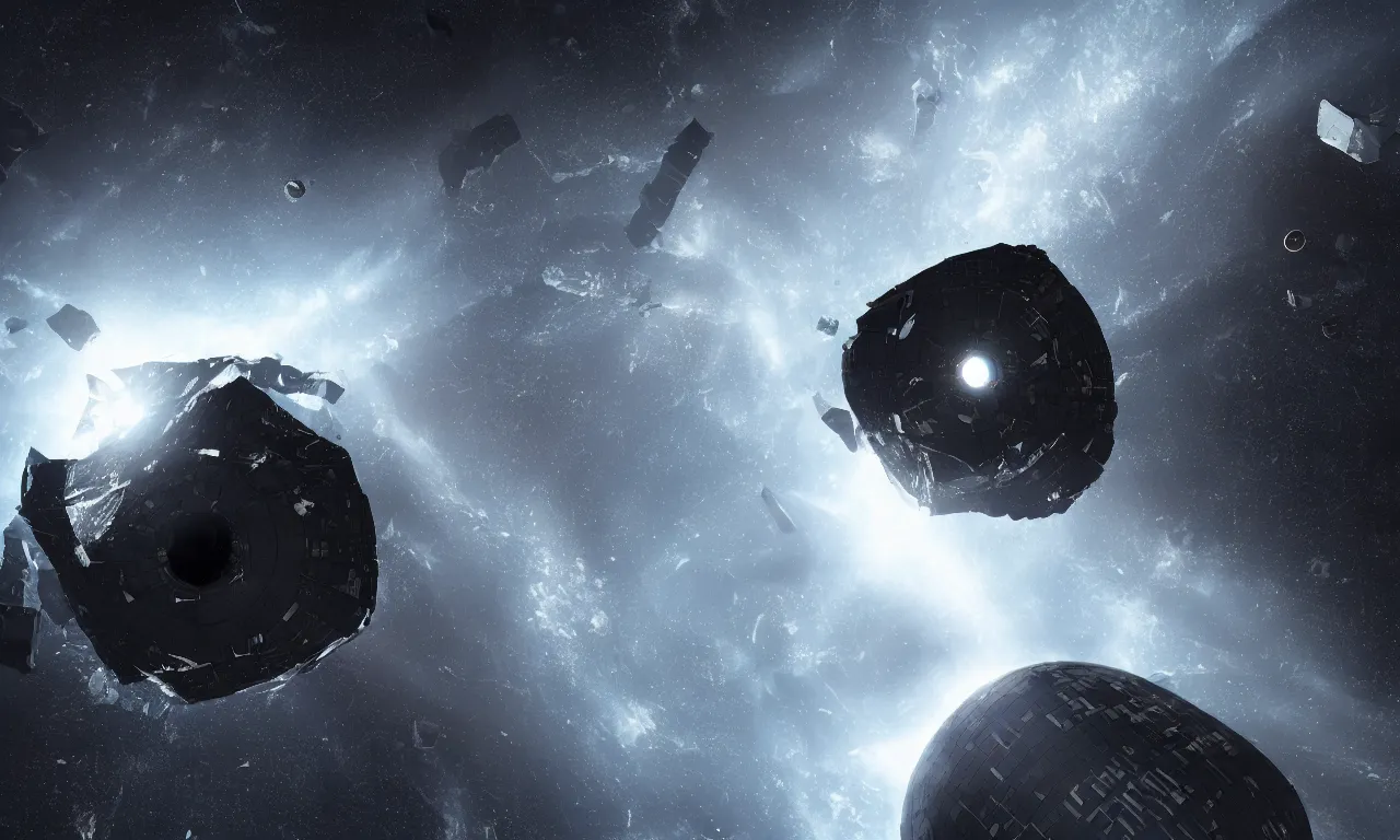 Image similar to huge chunks of space debris, ancient space station, space constructions and asteroid stations revolving around compact black hole forming a tilted vortex in black starless space, octane render