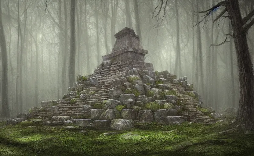 Image similar to mausoleum ruins, fir forest, rain, fog, megaliths, highly detailed, digital painting, architecture, artstation, concept art, sharp focus, illustration, artgerm, rutkoswki