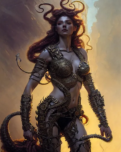 Image similar to fierce beautiful medusa in full body armor, fantasy character portrait, ultra realistic, concept art, intricate details, highly detailed by greg rutkowski, gaston bussiere, craig mullins, simon bisley