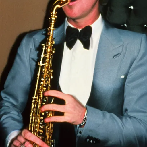 Image similar to will farrell wearing piano key necktie, 1 9 8 0 s, saxophone,