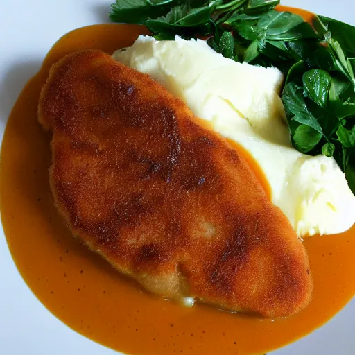 Image similar to schnitzel on orange gravy, mashed potatoes, Michelin star, award winning