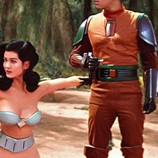 Prompt: Reggie Mantle as Boba Fett, Betty Cooper as slave Leia, movie still from Star Wars