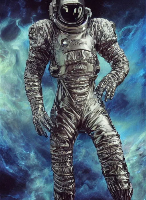 Image similar to hybrid alexander mcqueen astronaut in dark void underwater - complex and hyperdetailed technical suit design. reflection and dispersion materials. rays and dispersion of light. volumetric light. f / 3 2. noise film photo. flash photography. ultra realistic, 5 0 mm. poster by wayne barlowe, hajime sorayama, aaron horkey, craig mullins