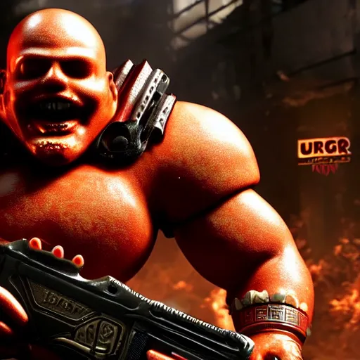 Image similar to burger king kurger bing creepy mascot in gears of war, cinematic shot