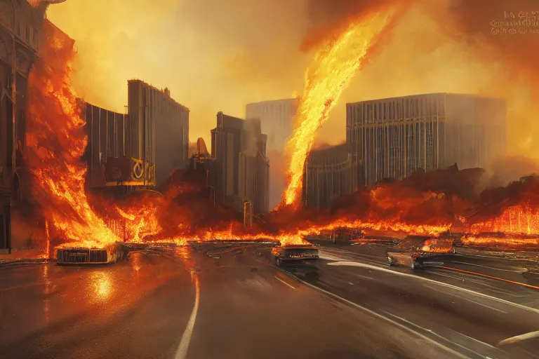 Image similar to a fire tornado going through the las vegas strip, matte painting, long shot, concept art, wide shot, digital art, trending on artstation, 4 k, extremely detailed, realistic, midday, warm colors, golden sunlight, by greg rutkowski, cinematic, epic