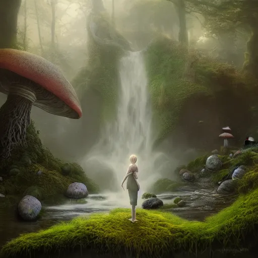 Prompt: tom bagshaw, soft painting render curiosities pond vegetation rocks gigantic mushrooms covered moss scintillating, beautiful waterfall, accurate features, focus, very intricate ultrafine details, random volumetric lighting, dense fog, award winning masterpiece, octane render 8 k hd, artstation