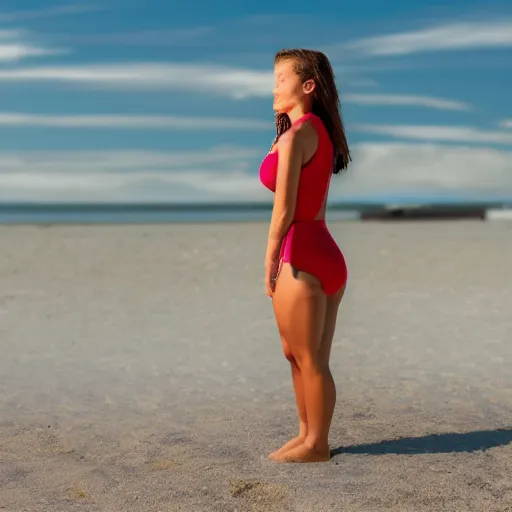 Image similar to beach lifeguard girl standing, cinematic, photo, 8k, highly detailed