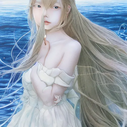 Prompt: princess Portrait by Miho Hirano, manga, realistic, detailed, white, light pink tonalities, beautiful collage technique including flora, sea, wind, ornate sea background, beautiful Fantasy detailed trending on artstation, oil painting,Dramatic lighting, eterea , high quality print, fine art with subtle redshift rendering