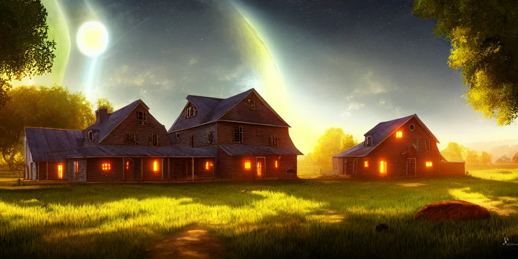 Prompt: farmhouse in a ringworld, digital art, trending on artstation, focus on farmhouse, 4 k, high detail