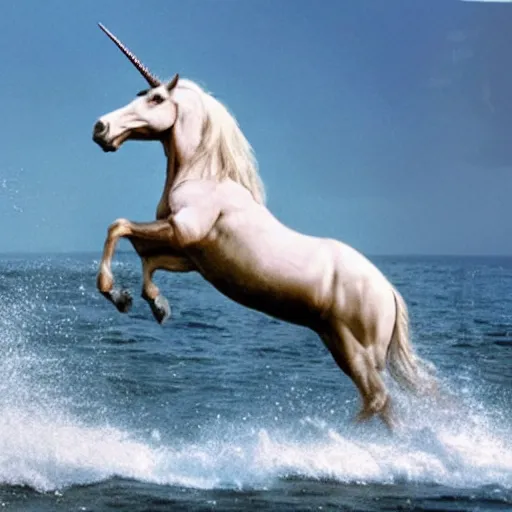 Image similar to christopher lee throwing a beautiful unicorn into the sea