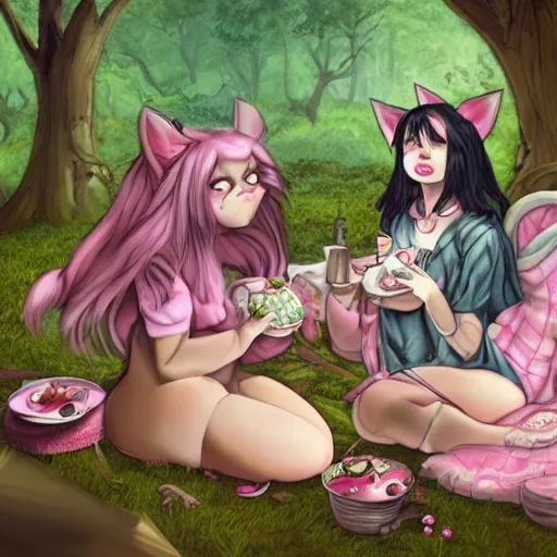Image similar to grumpy catgirls in a forrest having a tea party fantasy detailed