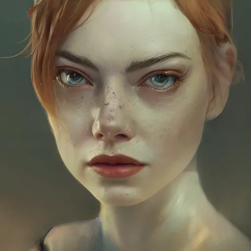 Image similar to a highly detailed epic cinematic concept art CG render digital painting artwork: Emma Stone. By Greg Rutkowski, Ilya Kuvshinov, WLOP, Stanley Artgerm Lau, Ruan Jia and Fenghua Zhong, trending on ArtStation, subtle muted cinematic colors, made in Maya, Blender and Photoshop, octane render, excellent composition, cinematic atmosphere, dynamic dramatic cinematic lighting, precise correct anatomy, aesthetic, very inspirational, arthouse