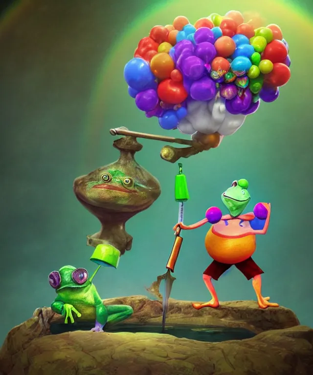 Image similar to clown frog king pulls the sword from the stone, clown frog king wearing clown makeup and rainbow wig, clown crown artwork by Todd Schorr, 3D rendering by Beeple