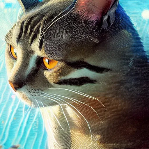 Prompt: closeup portrait of a cat sitting next to a swimming pool, bright, reflections, intricate, sharp focus, lens flare, bloom, illustration, highly detailed, digital painting, concept art, matte, art by ruan jia and wlop and greg rutkowski, masterpiece