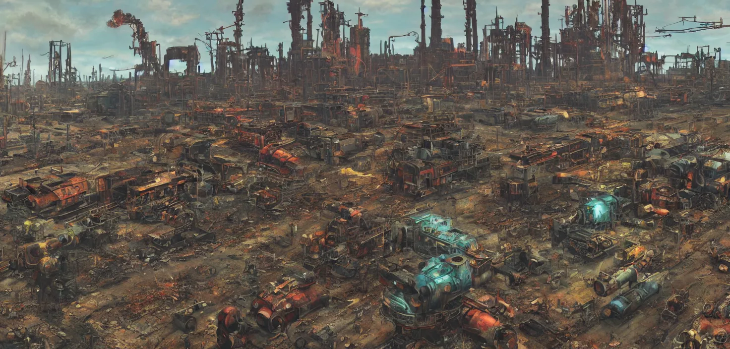 Image similar to industrial robot wasteland, fallout 4, colorful but morbid painting, soft edges