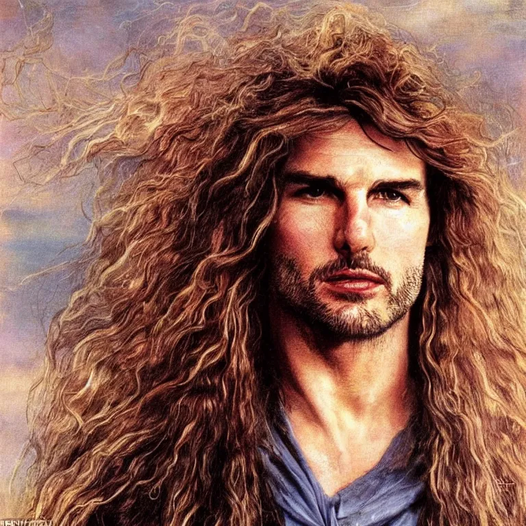 Prompt: Pre-Raphaelite portrait of Tom Cruise as the leader of a cult 1980s heavy metal band, with very long blond hair and grey eyes, facial hair, high saturation