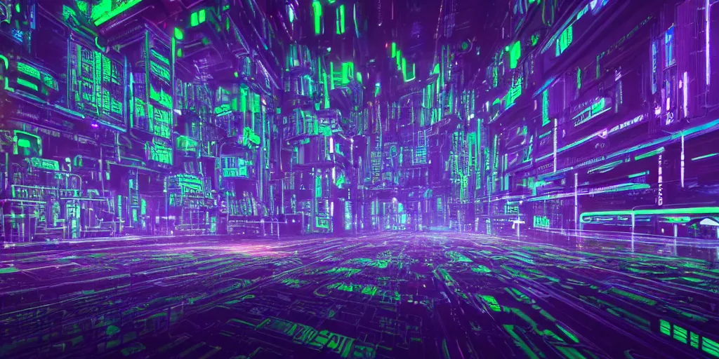 Prompt: a landscape view of a cybernetic cathedral overlooking an higway made of rows of glowing green codes and symbols, cyberpunk, beautiful detailed, cinematic, strong lighting, hi - fructose art magazine, photorealistic, 8 k, gradient cyan to purple