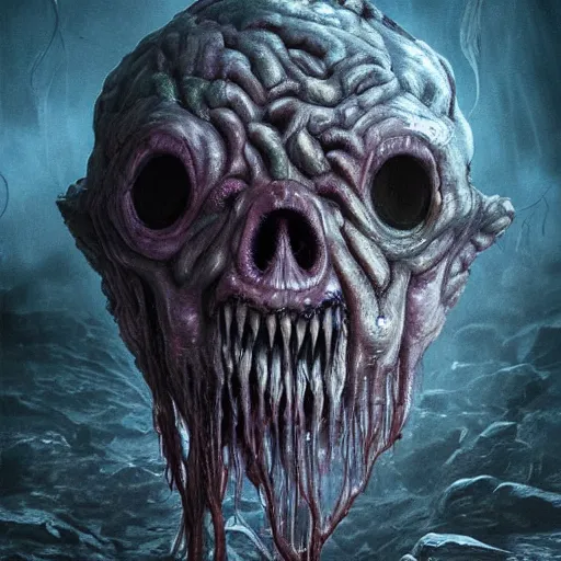 Prompt: a creepy monster blob with five eyes, lots of veins, scary mouth with strings of saliva, skin texture like a brain, slimy, translucent, standing in shallow water, horror art, intricate, extremely detailed, ultra realistic, trending on artstation, in a cave