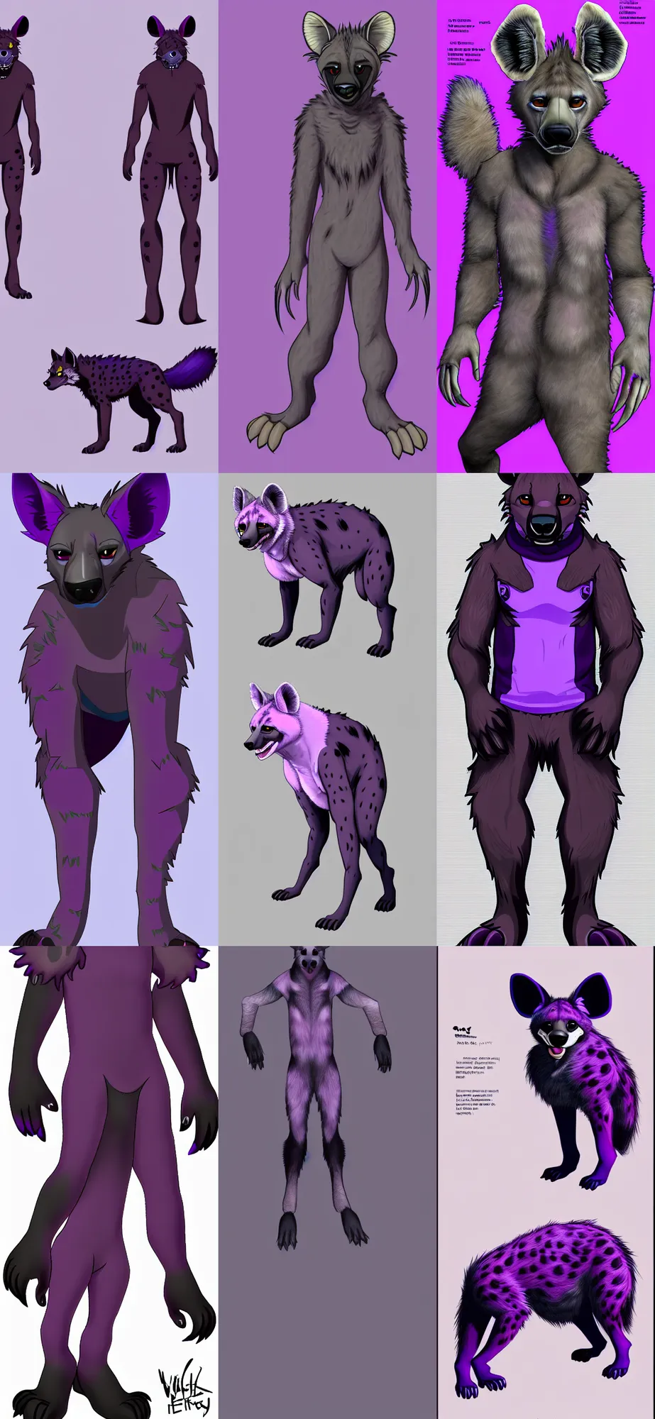 Image similar to a full - body front - perspective furry reference sheet, a male hyena fursona, purple and black color scheme, trending on weasyl, high - resolution, photorealistic