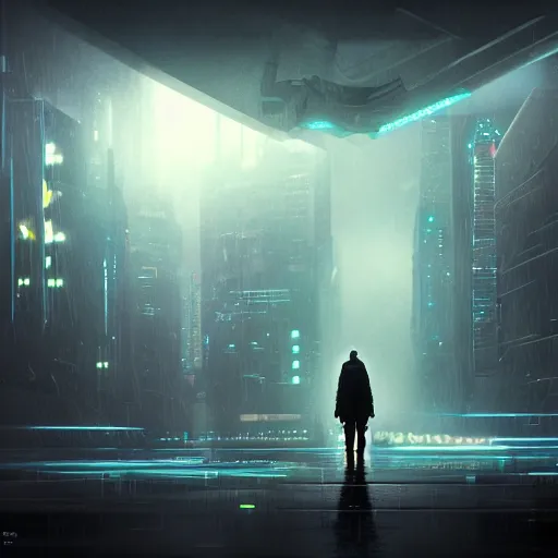 Image similar to rain, giant futuristic cyberpunk spacecraft with small character silhouette in the foreground, blade runner, dense fog, bloom, cinematic contrasted lighting, ultra detailed, trending on artstation