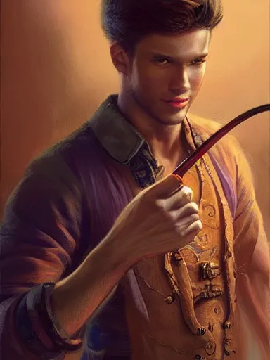 Prompt: a handsome young man holding a adorned cane. intricate, elegant, highly detailed, digital painting, artstation, concept art, sharp focus, illustration, by justin gerard and artgerm, 8 k