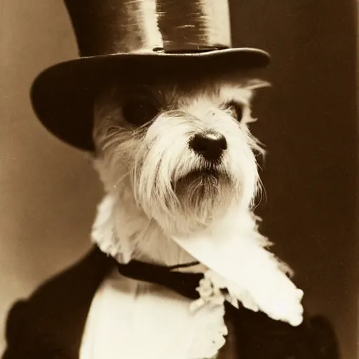 Image similar to an old timey photo of a silky terrier in a top hat at a fancy victorian estate