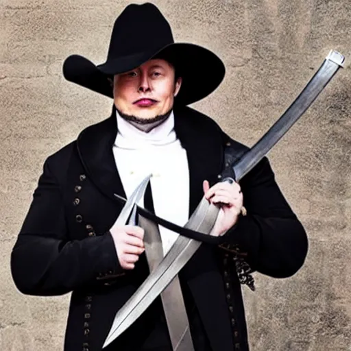 Prompt: elon musk as a musketeer, he has a big black hat and holds a shiny sword