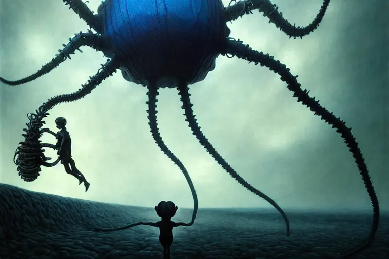 Image similar to realistic detailed photorealistic film portrait shot of a ghost kid playing with giant spider, futuristic sci-fi landscape on background by Denis Villeneuve, Amano, Yves Tanguy, Alphonse Mucha, Ernst Haeckel, Max Ernst, Andrei Tarkovsky, Edward Robert Hughes, Roger Dean, necklace, dynamic pose, rich moody colours, wide angle, blue eyes