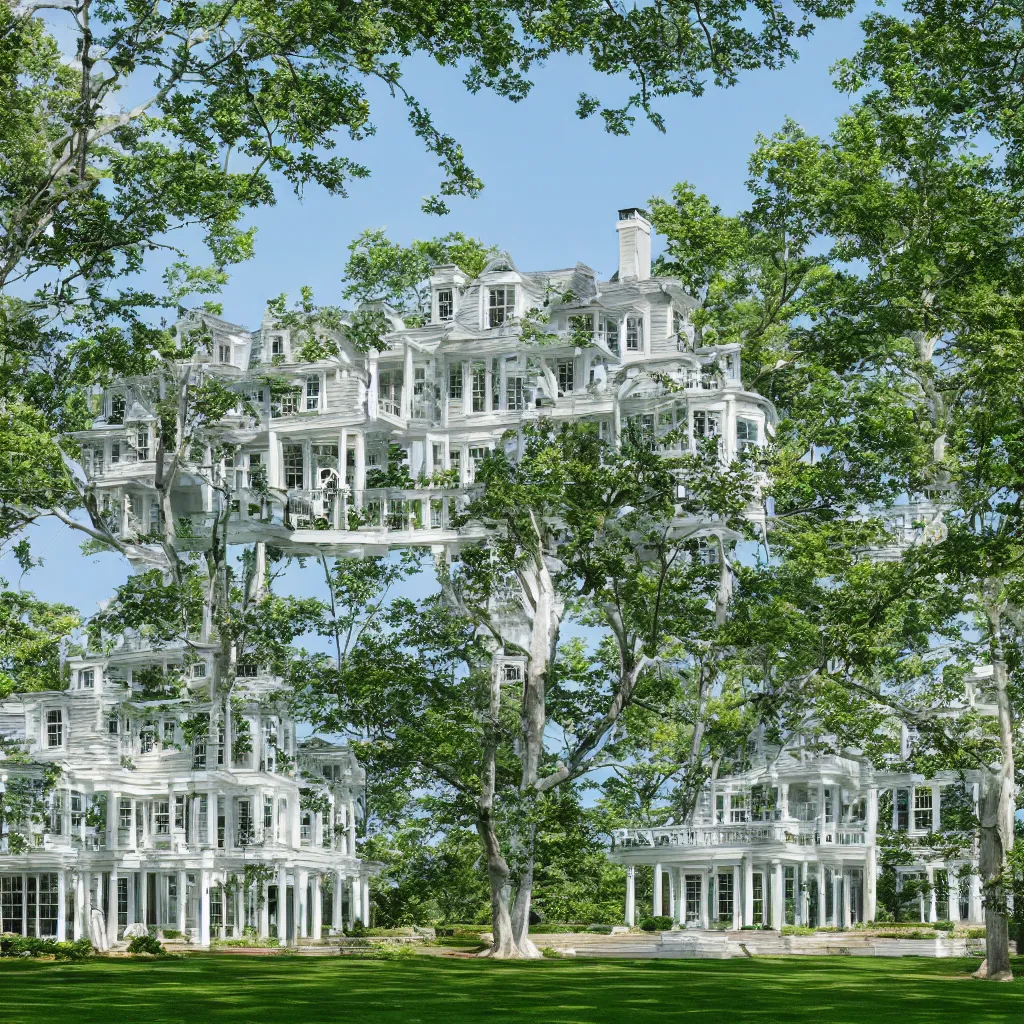 Image similar to hamptons mansion, cape cod architecture, trees and lake, photorealistic, high quality 8 k,