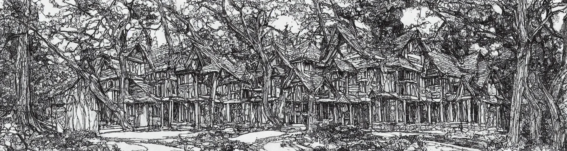 Image similar to a beautiful Tudor style house in the woods, a pen and ink drawing by Franklin Booth, fineliner drawing