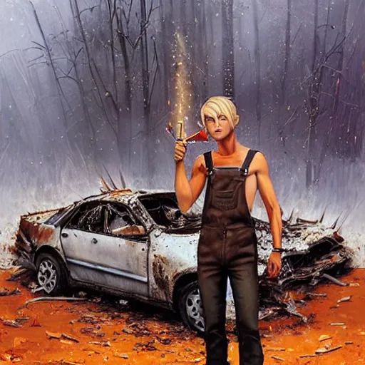 Prompt: a skinny elf with spiky blonde hair wearing dark brown overalls and holding dynamite standing next to a destroyed car, painting by artgerm