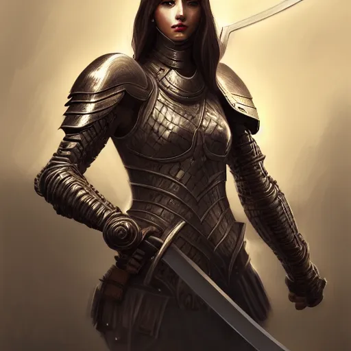 Prompt: portrait digital painting of an armored woman holding a sword by the handle. intricate, elegant, highly detailed, digital painting, artstation, concept art, smooth, sharp focus, illustration, by terry wei, qiu fang, tooth wu, kan liu, siwoo kim, jisu choe