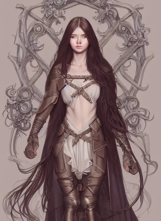 Image similar to lovely medieval maiden with long hair, character portrait, sketch, concept art, intricate details, highly detailed photorealistic, portrait, in the style of adam hughes, seseon yoon, artgerm and warren louw