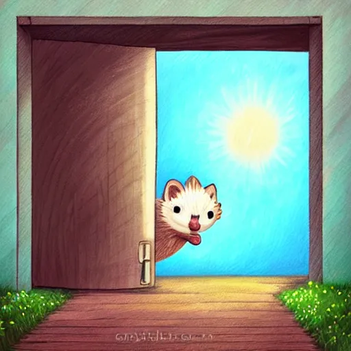 Image similar to cute adorable hedgehog opening the door, waving, smiling, cute, hedgehog, by cyril rolando