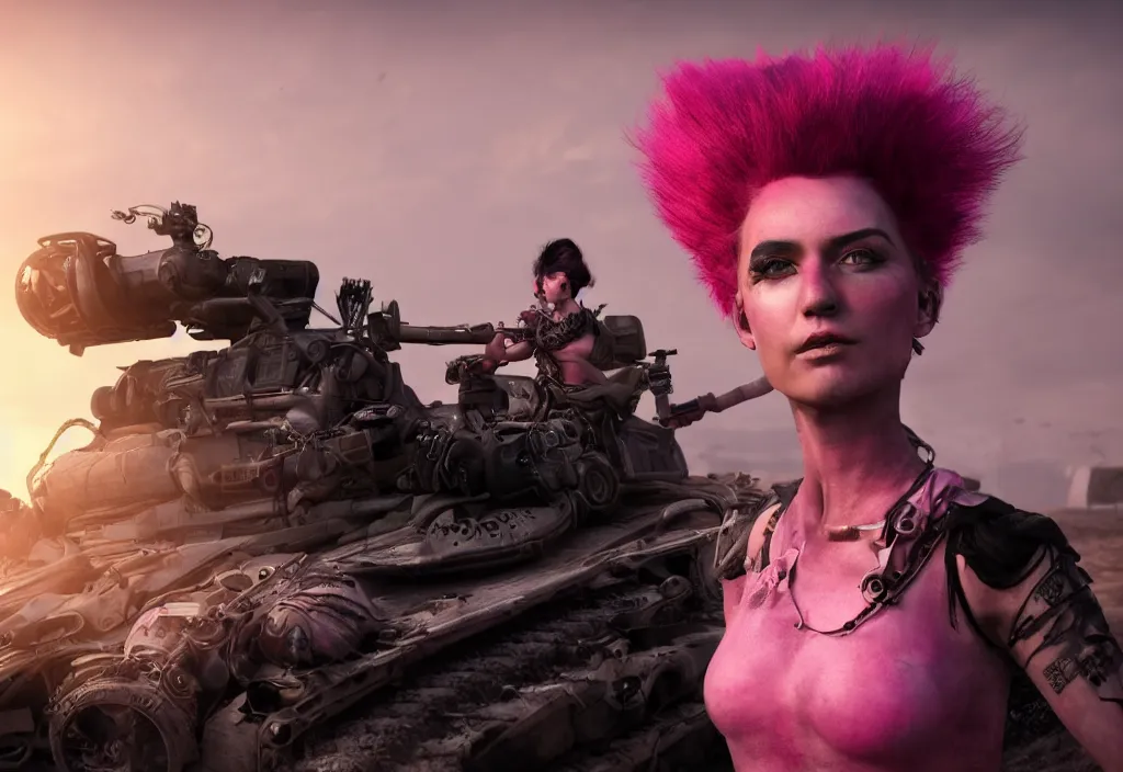 Image similar to beautiful apocalyptic woman with pink Mohawk, posing on mad max panzer tank, 4k ultra hd, fantasy dark art, artstation, octane render