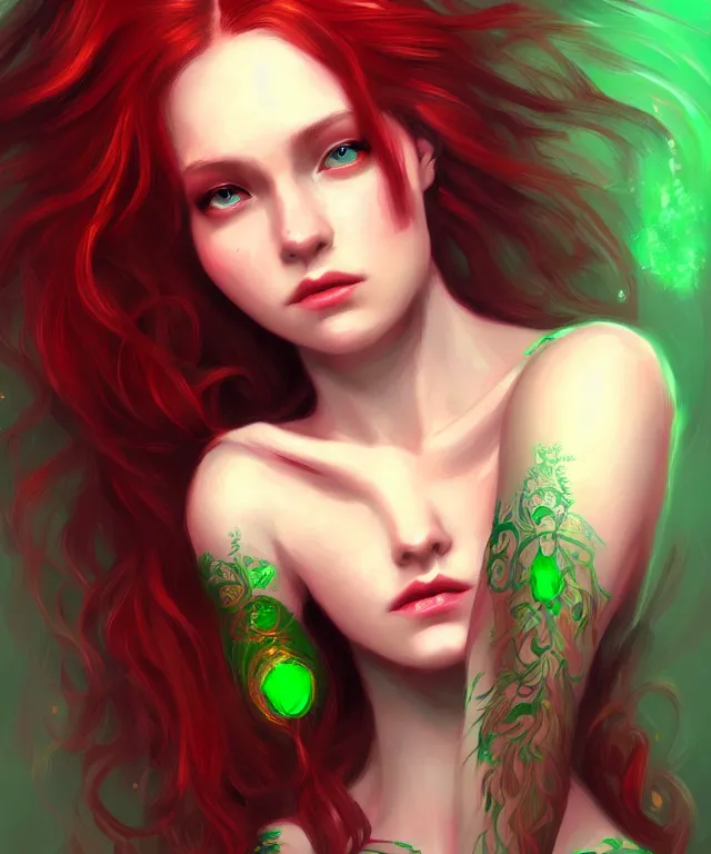 Image similar to Fae teenage girl, portrait, face, long red hair, green highlights, fantasy, intricate, elegant, highly detailed, digital painting, artstation, concept art, smooth, sharp focus, illustration