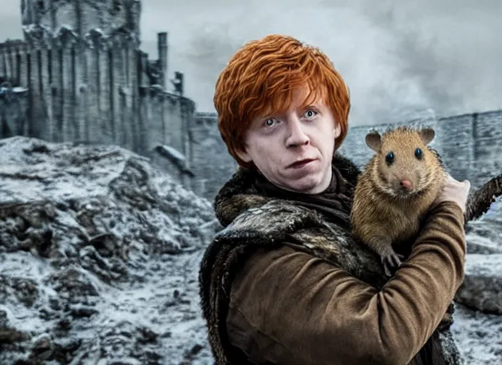 Prompt: ron weasley as thehnellor in game of thrones, holding his large fat rat, live action film, cinematic photo, clear hd image