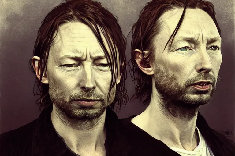 Image similar to hyper realistic portrait of wider faced thom yorke, bigger nose, on a stage, by lee bermejo, alphonse mucha and greg rutkowski