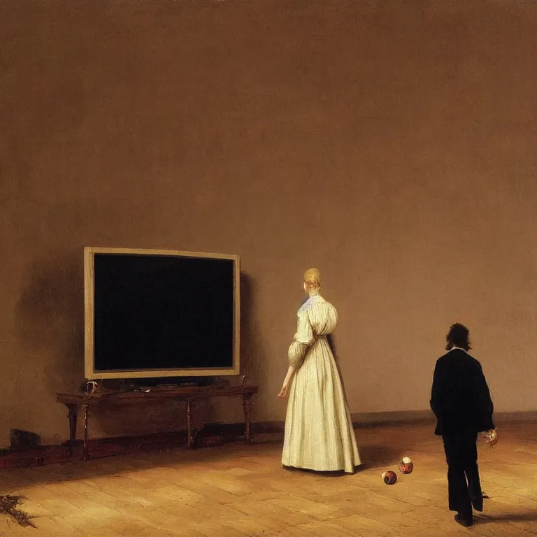 Prompt: romantic painting, wide shot of a lone figure in fancy dress watching an enormous television screen playing a football game, highly detailed, sublime, hyperrealistic, painted by caspar david friedrich and albert bierstadt, trending on artstation 8 k