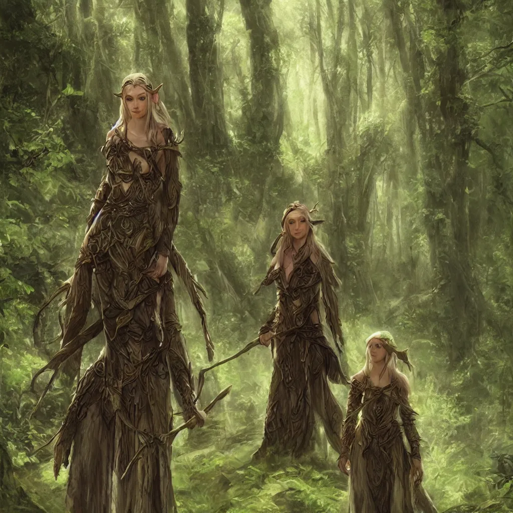 Image similar to A young elven female druid traveling trough the forest + concept art + detailed character portrait + James Gurney