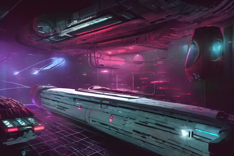 Prompt: a dark vibrant sci - fi rendering of a spacecraft interior, aquaponics lab, sparks from ceiling lights in the style of dead space, cinematic, depth of field, anamorphic lens