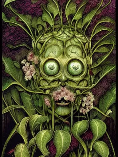 Image similar to The Hanging-Gardens of Pareidolia, ivy, verbena and pothos growing facial features and optical-illusions!!!!!, aesthetic, by Gerald Brom in the style of Johfra Bosschart in the style of,