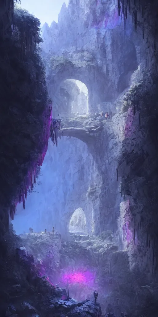 Image similar to Gorge in the mountain, white stone temple ruins, night dramatic lighting, blue and purple tones, wide camera angle, matte painting, trending on ArtStation, concept art, delightful surroundings, high detail