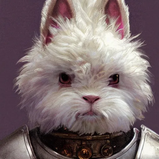 Image similar to white lionhead dwarf bunny rabbit as a fantasy knight, closeup portrait art by norman rockwell and donato giancola and greg rutkowski