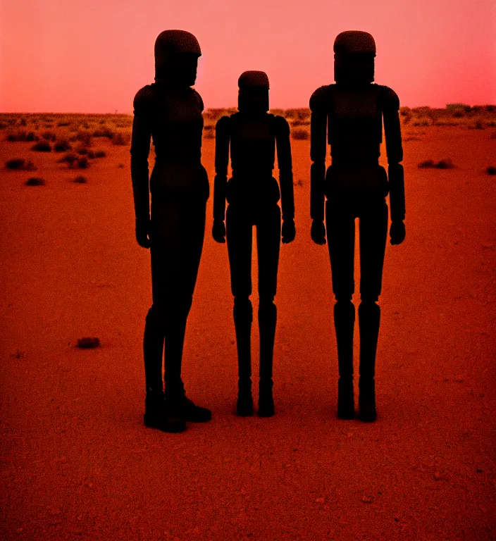 Prompt: cinestill 5 0 d 3 5 mm photographic portrait of two loving female androids wearing rugged black techwear on a desolate plain with a red sky, lizard on ground, cyberpunk style, a brutalist dark metal facility close in background, dust storm, 8 k, high resolution, f / 3. 2, ultra realistic faces